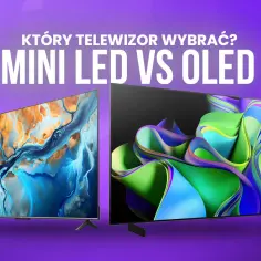 Dwa telewizory, jeden z abstrakcyjnym obrazem w odcieniach niebieskiego i pomarańczowego, drugi z kolorowymi, falującymi kształtami. Który wybrać: oled czy mini led?