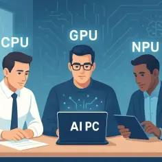 Trzech mężczyzn przy stole, symbolizujących CPU, GPU i NPU, pracuje nad AI PC.