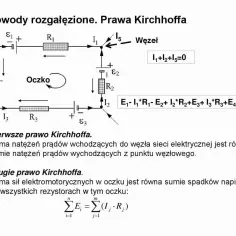 Schemat obwodu elektrycznego z zaznaczonymi prądami, napięciami i rezystancjami, ilustrujący prawa Kirchhoffa.