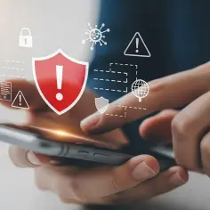Ochrona telefonu przed wirusami. Ikony symbolizujące bezpieczeństwo i zagrożenia nad smartfonem.
