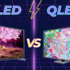 Porównanie telewizorów: po lewej LG OLED z kwitnącym drzewem, po prawej Samsung QLED z kolorowym obrazem. Który wybrać: OLED czy QLED?