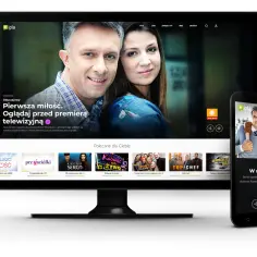 Na ekranach komputera i telefonu widać interfejs ipla tv z serialami "Pierwsza miłość" i "W rytmie serca".