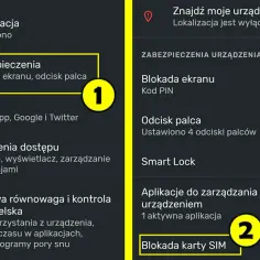 Ekran telefonu pokazuje opcje zabezpieczeń. Aby dowiedzieć się, jak usunąć PIN z karty SIM, wybierz "Blokada karty SIM".