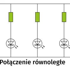 Schemat połączenia równoległego pięciu diod LED z rezystorami. Każda dioda świeci niezależnie.