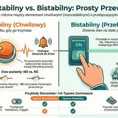 Ilustracja porównuje przełączniki monostabilne (jak przycisk dzwonka, który działa tylko po naciśnięciu) i bistabilne (jak włącznik światła, który zmienia stan po kliknięciu). Widać tu przykłady elementów, w tym **kontaktron**.