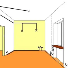 Schemat instalacji elektrycznej w pokoju z oknem i drzwiami. Linie symbolizują przewody, a krzyżyki punkty świetlne.