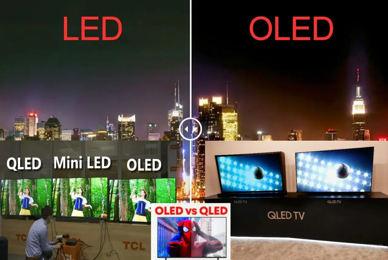 Porównanie technologii: LED, Mini LED i OLED. Po lewej stronie widać scenę z baśnią, po prawej - nocną panoramę miasta.
