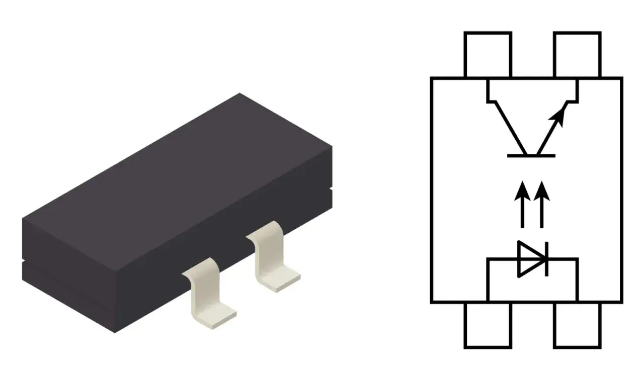 Obrazek przedstawia obudowę transoptora i jego schemat. Transoptor to element elektroniczny.