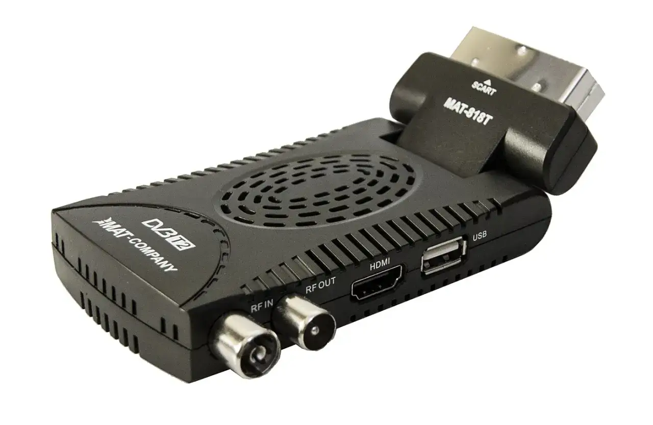 Czarny dekoder DVB-T MAT-COMPANY MAT-818T z SCART, HDMI i USB. Idealny, jaki dekoder do telewizji naziemnej.