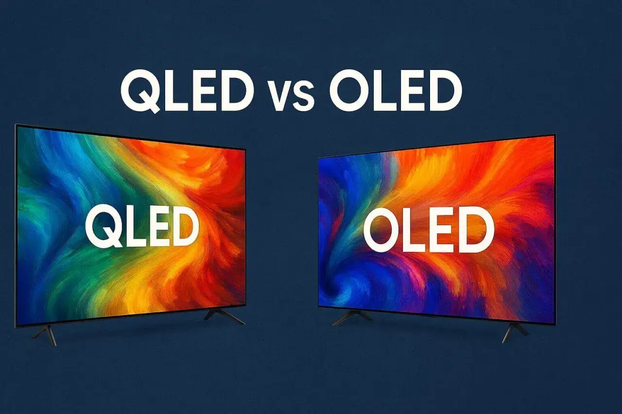 Dwa telewizory, jeden z napisem QLED, drugi OLED, prezentują żywe, abstrakcyjne wzory. Który wybrać?