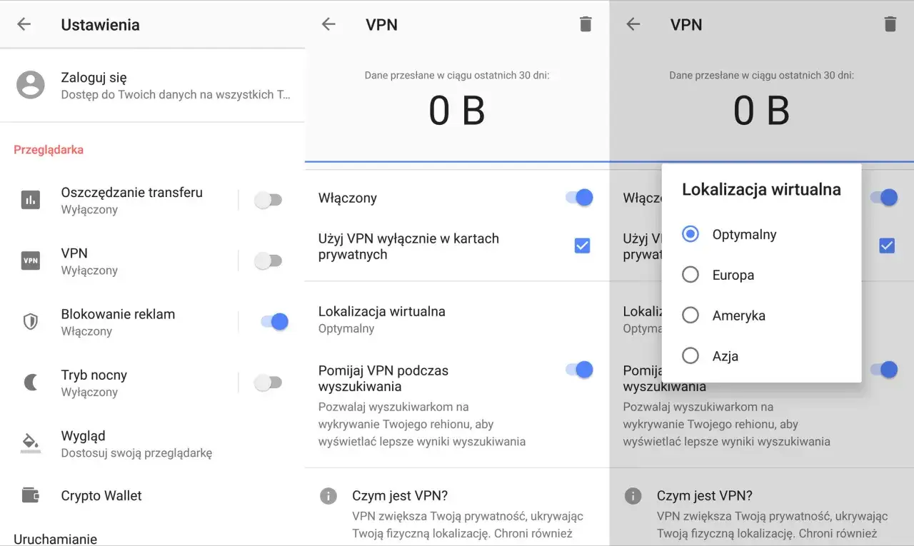 Ustawienia VPN w Operze. Możesz włączyć VPN, wybrać lokalizację wirtualną (np. Optymalny, Europa, Ameryka, Azja) i dostosować jego działanie.