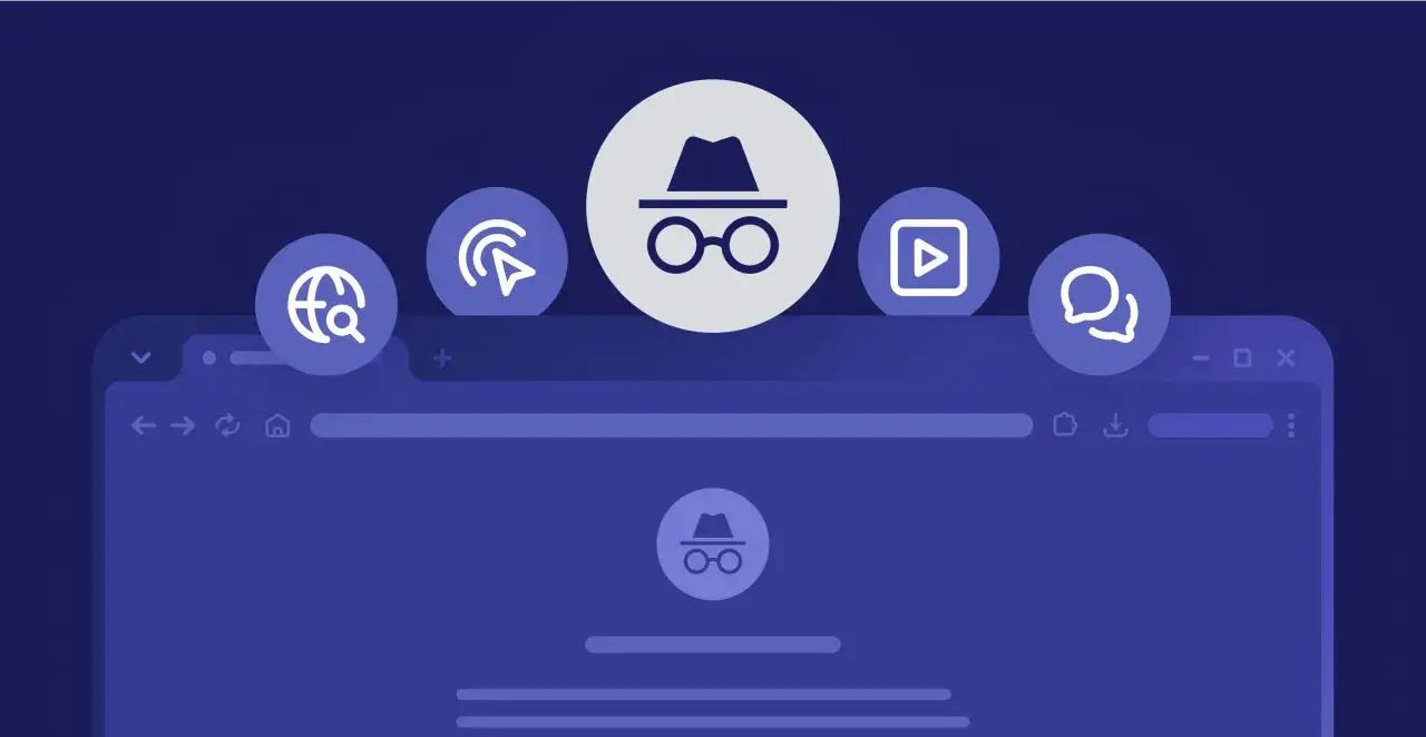 Ikona szpiega w kapeluszu i okularach symbolizuje tryb incognito. Obok ikony wyszukiwania, kursora, odtwarzania wideo i czatu.