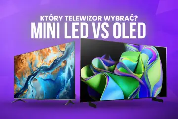Dwa telewizory, jeden z abstrakcyjnym obrazem w odcieniach niebieskiego i pomarańczowego, drugi z kolorowymi, falującymi kształtami. Który wybrać: oled czy mini led?