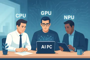 Trzech mężczyzn przy stole, symbolizujących CPU, GPU i NPU, pracuje nad AI PC.