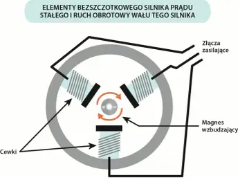 Schemat bezszczotkowego silnika prądu stałego: cewki, magnes wzbudzający i złącza zasilające tworzą mechanizm obrotowy.