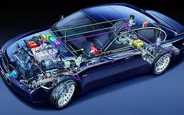 Schematyczny przekrój samochodu z widocznymi elementami układu elektrycznego, połączonymi kolorowymi przewodami. Widoczna magistrala CAN łącząca moduły.