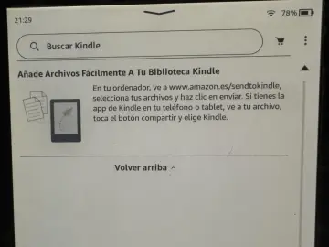 Ekran Kindle z wyszukiwarką i instrukcją dodawania plików, np. epub, do biblioteki.