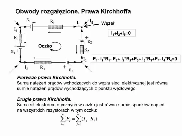 Schemat obwodu elektrycznego z zaznaczonymi prądami, napięciami i rezystancjami, ilustrujący prawa Kirchhoffa.