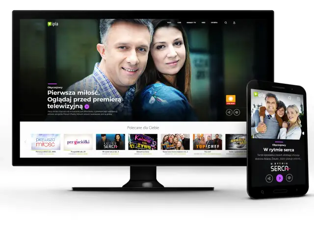 Na ekranach komputera i telefonu widać interfejs ipla tv z serialami "Pierwsza miłość" i "W rytmie serca".