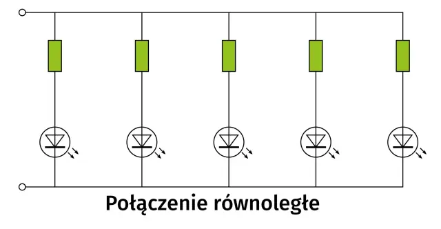 Schemat połączenia równoległego pięciu diod LED z rezystorami. Każda dioda świeci niezależnie.